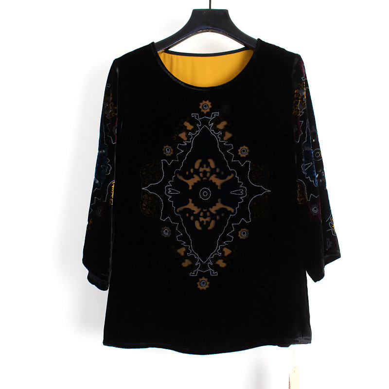 2023春夏新款韩版大码九分袖手工链珠桑蚕丝植绒提花打底衫82216