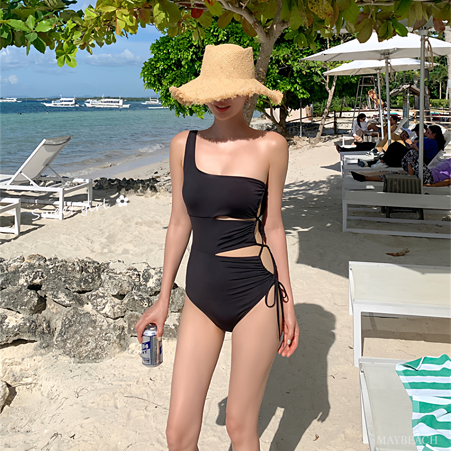 韩国性感辣妹纯欲风黑色单肩连体泳衣女镂空抽绳绑带小胸温泉度假