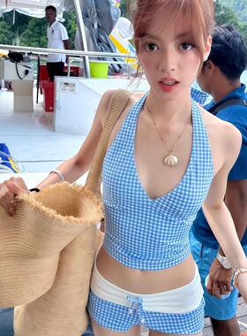 泰国少女复古蓝色格子挂脖V领分体平角裤 比基尼性感温泉度假泳衣