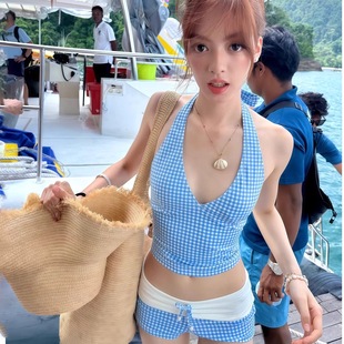 泰国少女复古蓝色格子挂脖V领分体平角裤 比基尼性感温泉度假泳衣