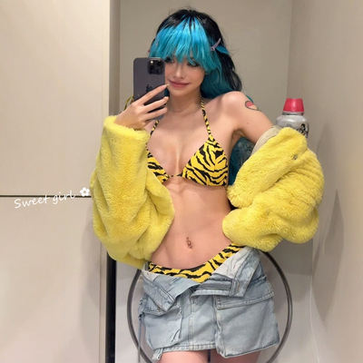 欧美性感辣妹风虎纹印花比基尼小胸挂脖分体三点式沙滩度假泳衣女