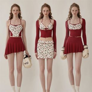 气少女草莓印花连体泳衣女性感比基尼分体吊带沙滩度假套装 法式 元