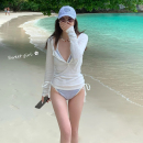 韩国性感纯欲风蓝色条纹比基尼小胸绑带分体长袖 三件套泳衣女 罩衫