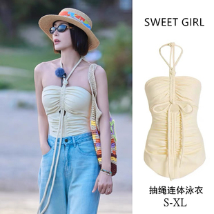 花儿与少年秦岚同款性感抽绳挂脖连体泳衣女抹胸露背度假温泉泳装