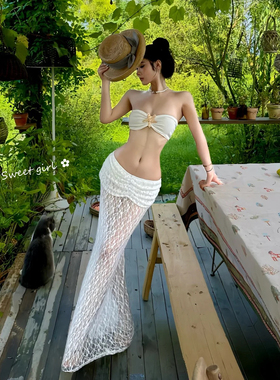 泰国纯欲性感白色抹胸比基尼三件套蕾丝透视半身裙海边度假泳衣女