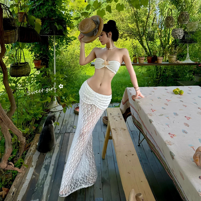 泰国纯欲性感白色抹胸比基尼三件套蕾丝透视半身裙海边度假泳衣女