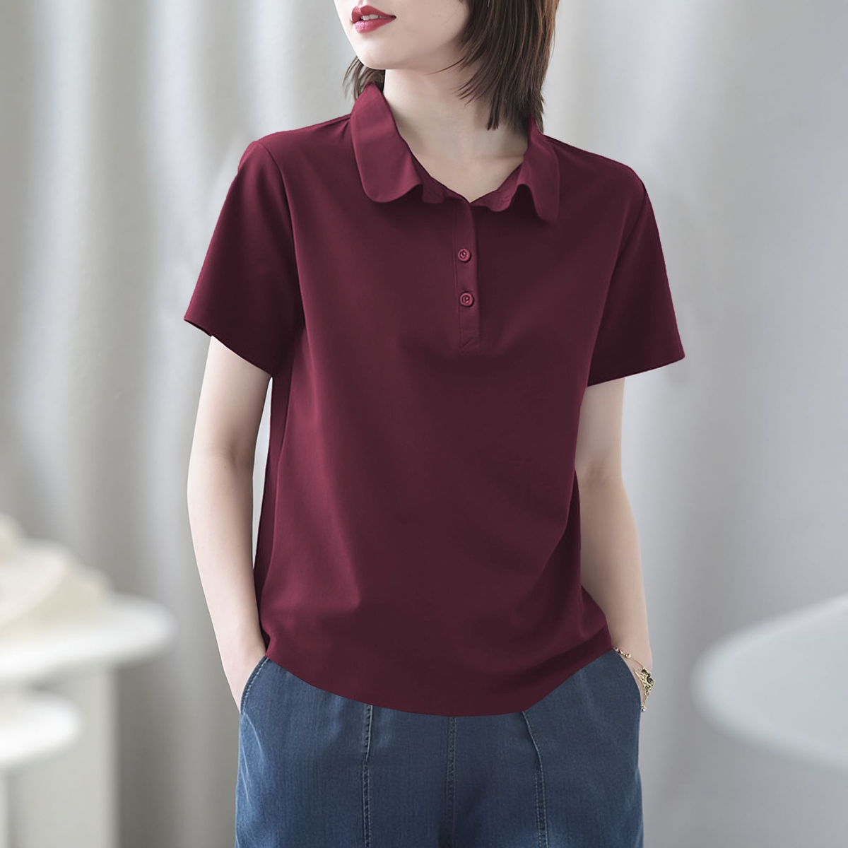 2025夏季时尚大码复古polo翻领短袖t恤女新款休闲百搭显瘦上衣女