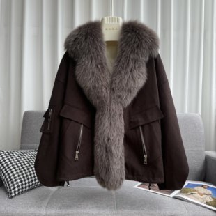 2024秋冬狐狸毛皮草女短款海宁真毛工装显瘦鹅绒毛领外套派克服