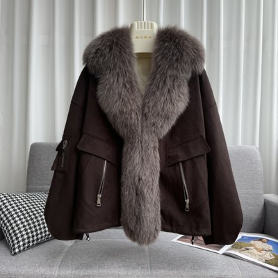 2024秋冬狐狸毛皮草女短款海宁真毛工装显瘦鹅绒毛领外套派克服