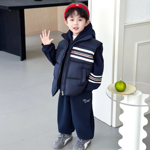 男童冬季加绒卫衣套装2025新款男宝宝洋气加厚马甲儿童冬装三件套