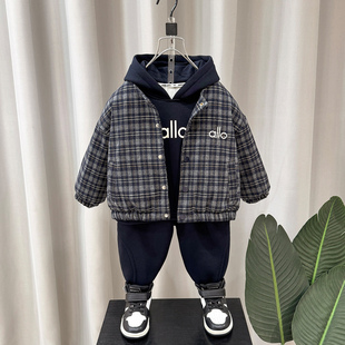 男童加绒卫衣套装秋冬2025新款儿童加厚格子外套冬装保暖三件套潮