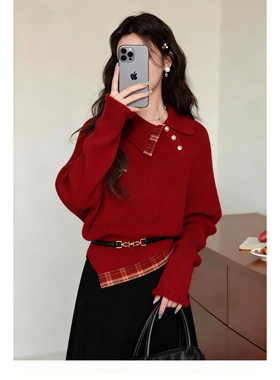 新年红色Polo翻领套头不规则毛衣女秋冬新款蝙蝠袖针织衫长袖上衣