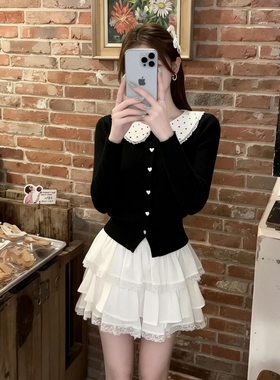 千金感套装女波点娃娃领针织收腰开衫上衣蓬蓬蛋糕裙短裙两件套