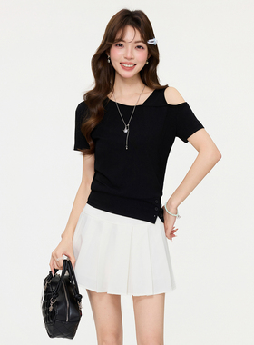 黑色设计感斜肩短袖T恤女2026年春夏季新款高级感独特打底衫上衣