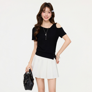 高级感独特打底衫 新款 上衣 T恤女2026年春夏季 黑色设计感斜肩短袖
