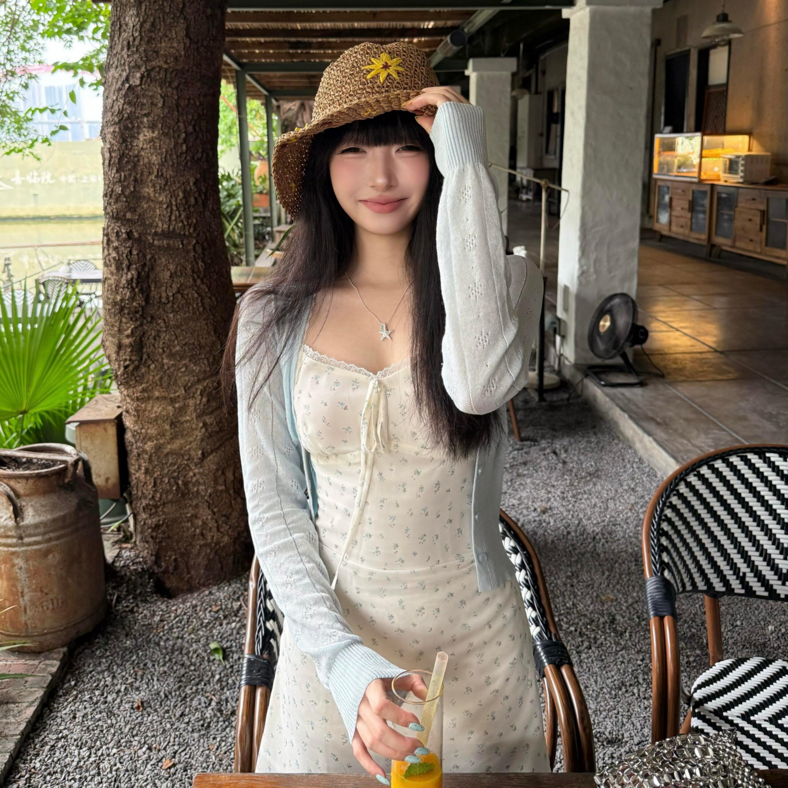 夏季套装女小个子浅蓝色防晒针织开衫碎花吊连衣裙度假穿搭两件套