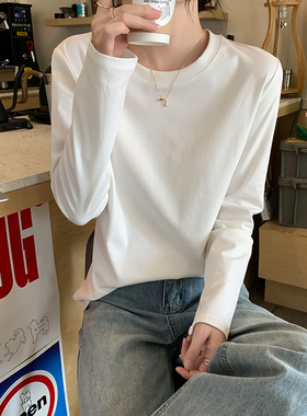 白色纯棉长袖T恤女春秋2025新款圆领宽松显瘦冬季内搭打底衫上衣