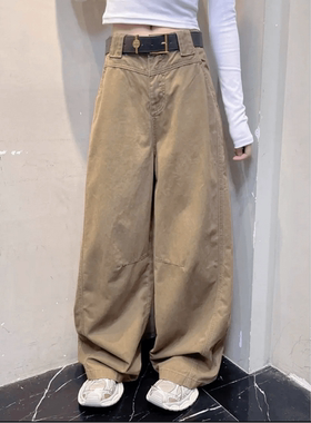 2025新款美式复古卡其色设计感工装裤女宽松阔腿百搭显瘦休闲裤