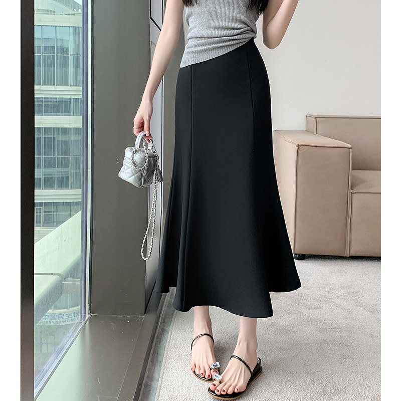 中长款黑色不规则西装半身裙子春夏季胖MM高腰遮肚显a字鱼尾裙子