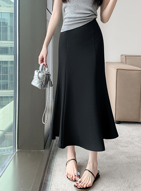 中长款黑色不规则西装半身裙子春夏季胖MM高腰遮肚显a字鱼尾裙子