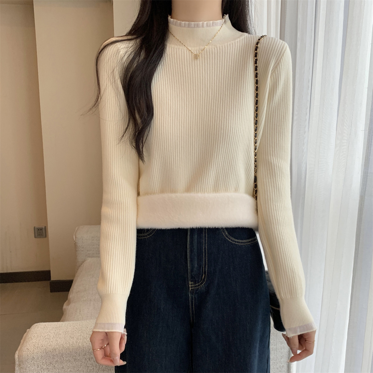 加绒加厚一体绒半高领毛衣针织衫女秋冬蕾丝内搭打底衫外穿上衣