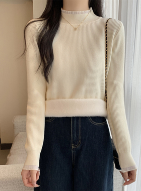 加绒加厚一体绒半高领毛衣针织衫女秋冬蕾丝内搭打底衫外穿上衣
