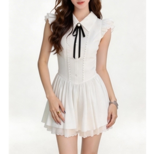 法式白色小飞袖连衣裙女夏收腰显瘦蝴蝶结蓬蓬裙小个子初恋感短裙