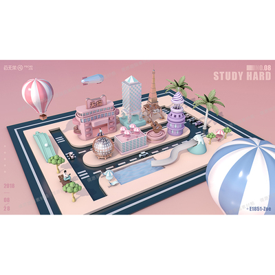 HB23C4D模型OC渲染卡通城市建筑街道交通电商广告海报Octane渲染