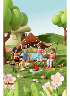 JJQ8C4D模型OC渲染春季3D立体户外露营树林游玩聚会人物C4D海报