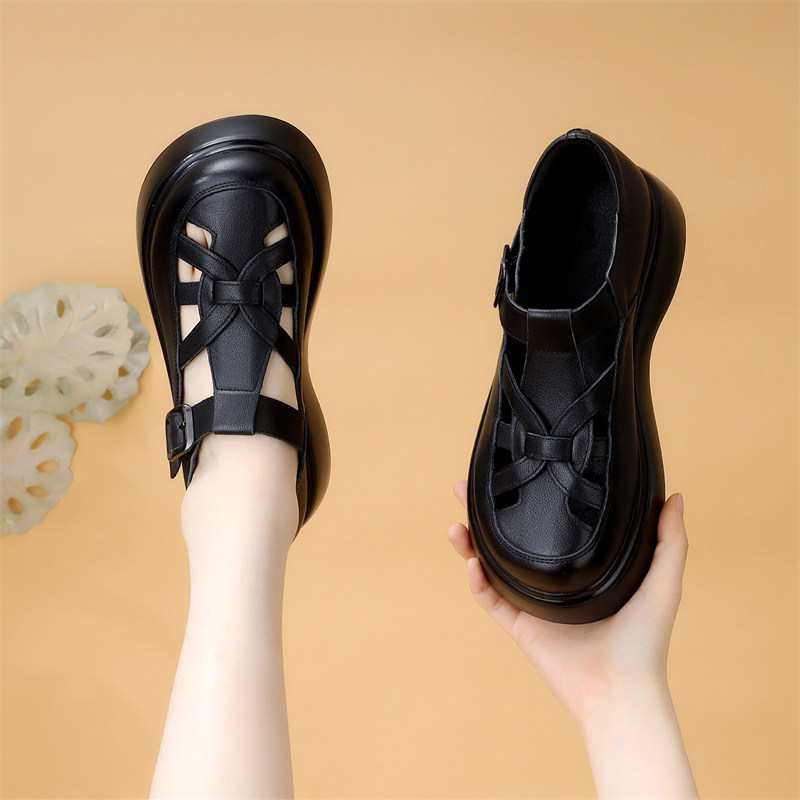 时尚镂空女凉鞋2026春夏新款软底编织松糕鞋透气舒适洞洞妈妈皮鞋