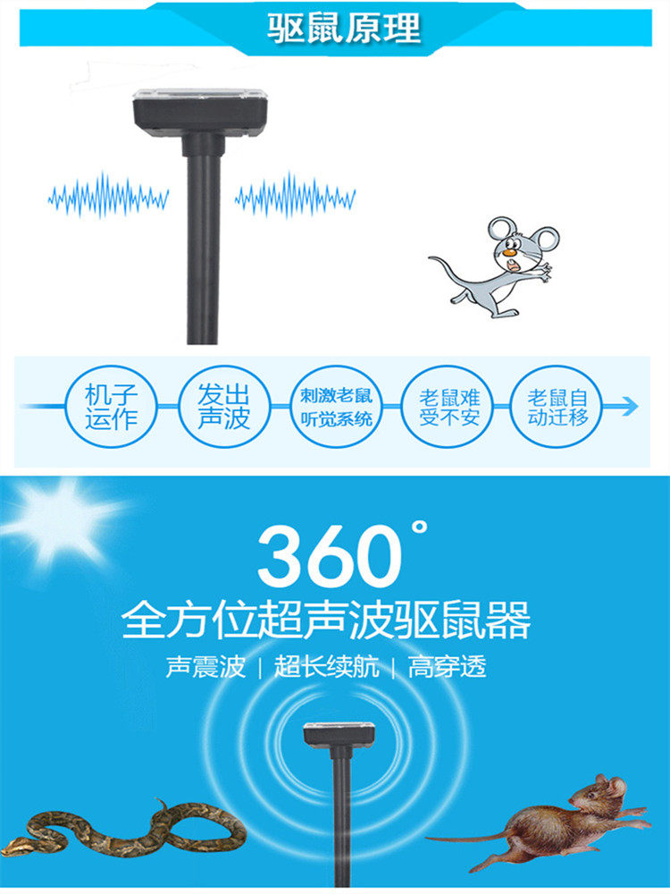 야외 태양열 초음파 전자 쥐 퇴치제 뱀 퇴치제 충전식 고출력 정원 농장 쥐 퇴치제