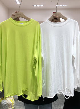 秋冬韩国东大门长袖T恤女中长款卷边宽松纯色打底衫下摆破洞做旧