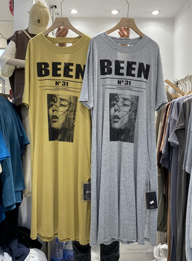 2025夏季韩版短袖T恤女中长款新款BEEN字母印花纯棉字母宽松显瘦