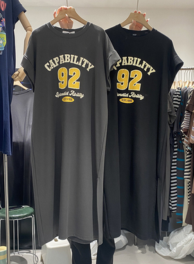 韩版92字母懒人t恤裙女长款夏季欧洲站休闲宽松连衣裙大码裙子潮