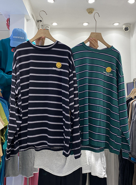 宽宽松松显瘦慵懒风条纹长袖t恤中长款上衣女秋季韩版大码圆领