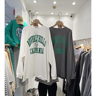 春秋新品纯棉字母长袖t恤女中长款大码宽松显瘦做旧上衣打底衫潮