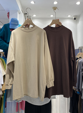 秋款新品长袖T恤女中长款大码宽松盖屁股韩版纯色打底衫纯棉磨毛