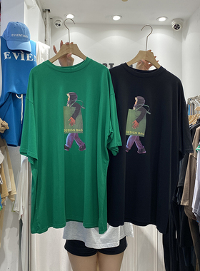 韩版新款卡通手提袋图案宽松韩范学生百搭短袖T恤女中长款大码