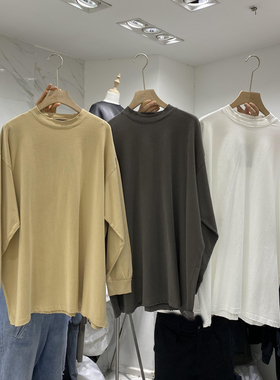 韩国东大门纯色打底衫长袖T恤女中长款加厚宽松显瘦做旧纯棉上衣