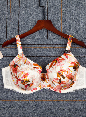 欧美大码文胸胖MM全罩杯MS真丝印花薄棉内衣200斤（65-90ABCDEF）