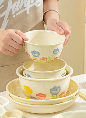 郁金香釉下彩陶瓷碗小清新餐具特别好看的米饭碗家用菜盘双耳碗