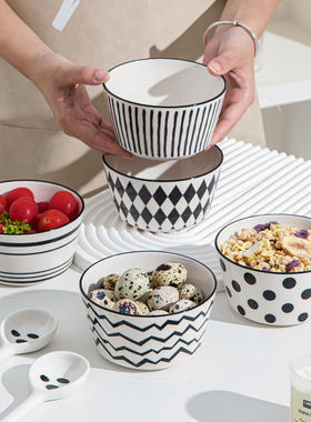 赫本风陶瓷米饭碗黑白摩登简约餐具家用沙拉碗米饭碗ins风加厚