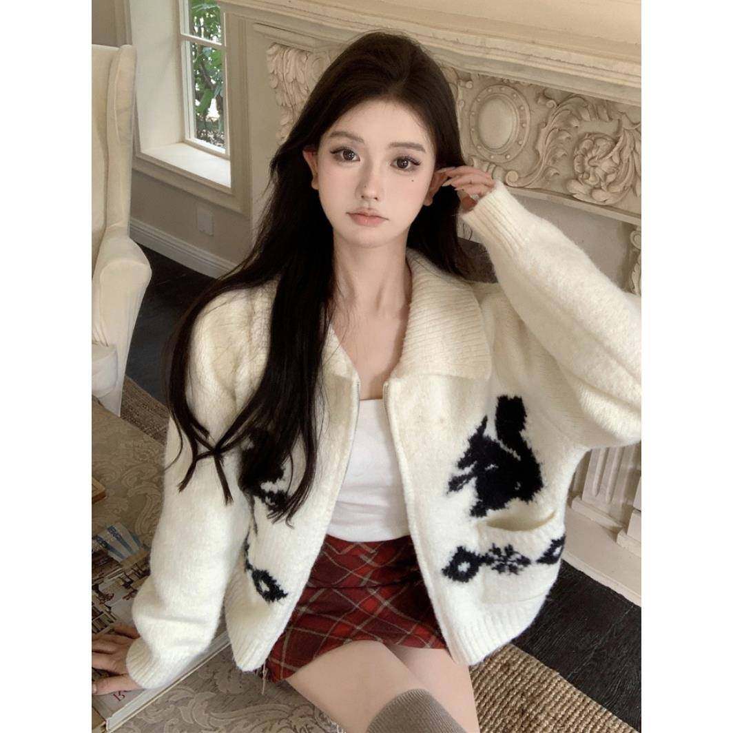 设计感提花翻领毛衣外套女2025年秋冬宽松软糯双拉炼针织开衫上衣