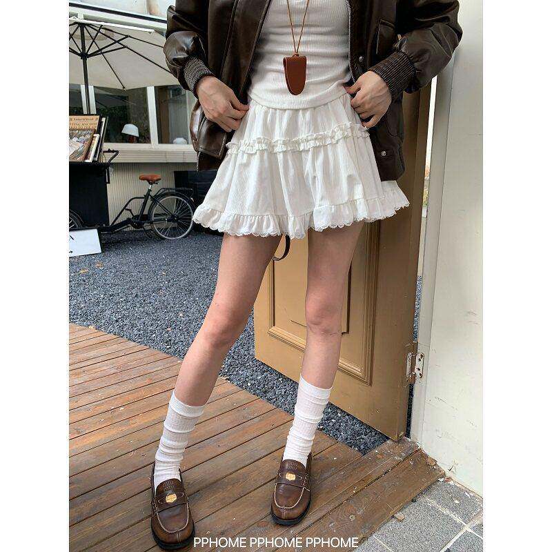 自制~miu系蛋糕裙 芭蕾短裙女夏季蕾丝花边半身裙白色裙子