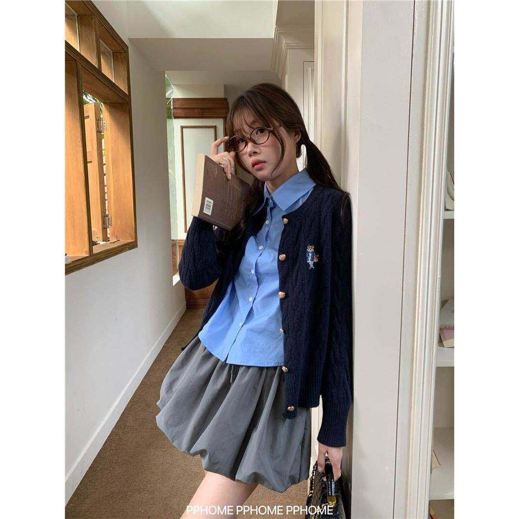 自制~赵露思同款 可爱小熊麻花毛衣开衫+蓝色衬衫+花苞短裙