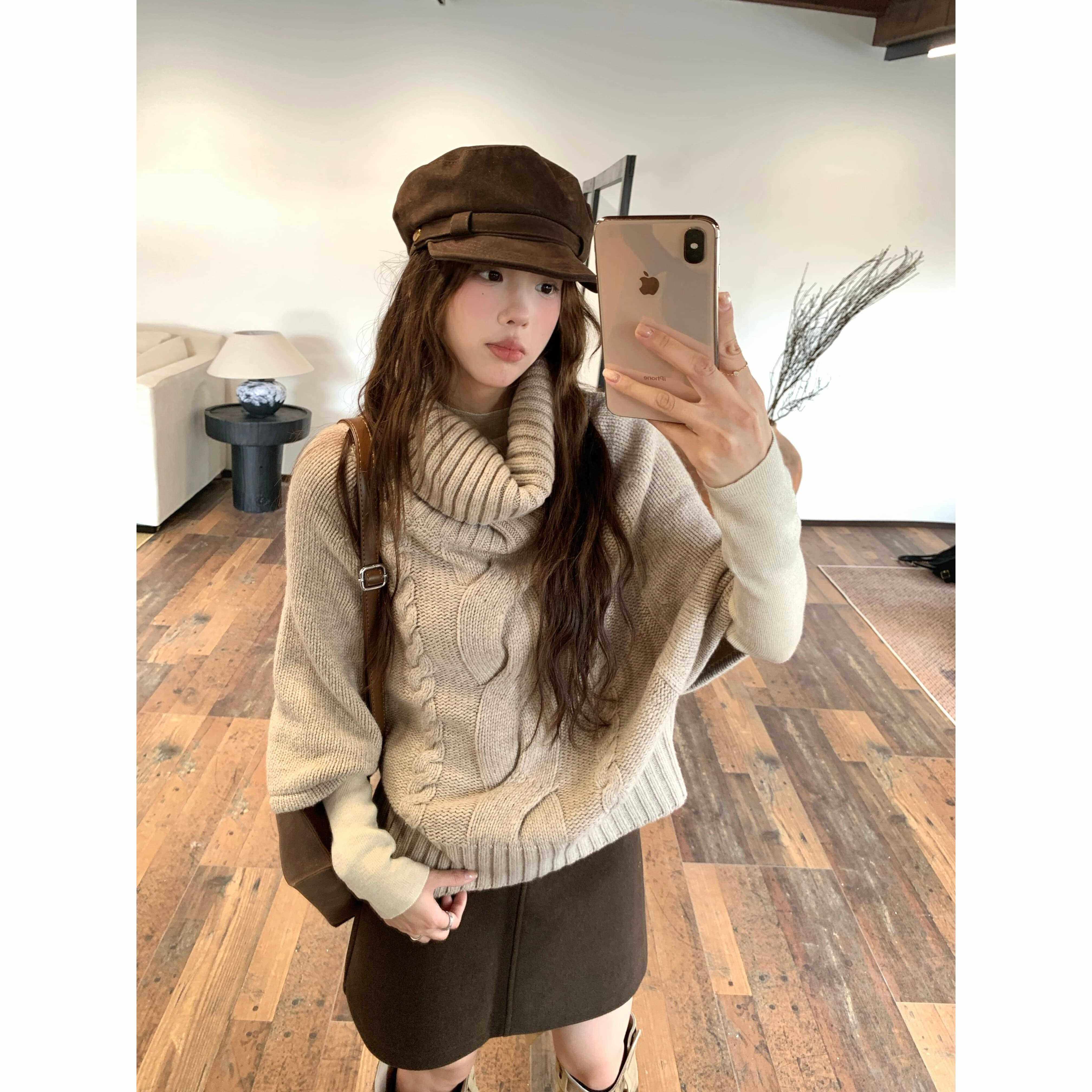 高领麻花套头斗篷毛衣女秋季时髦设计感宽松针织衫气质上衣