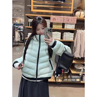 薄荷绿连帽排骨棉服短款外套女冬季加厚保暖设计感撞色棉衣