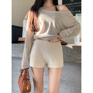 韩系chic白色针织短裤女秋冬毛衣裤甜美百搭直筒裤打底裤子