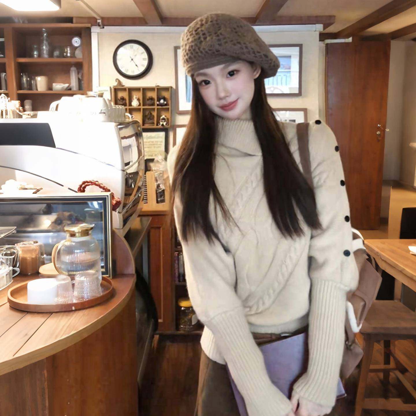 法式高领麻花套头毛衣女2025新款秋冬季加厚慵懒风内搭针织衫上衣