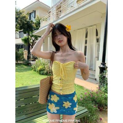 自制~抹胸绑带性感上衣女夏季海边度假网纱裙子超短裙套装